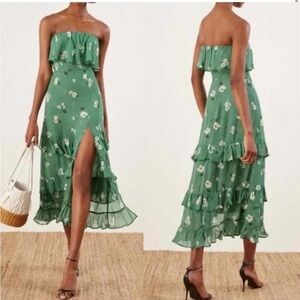 Reformation Green Floral Sleeveless Dress Women’s Size 8 Ruffle